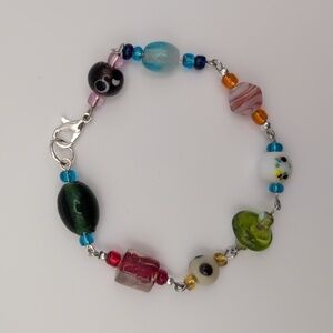 Handmade Blown Glass Colorful Beaded Lampwork Bracelet 7" (Adjustable Size)